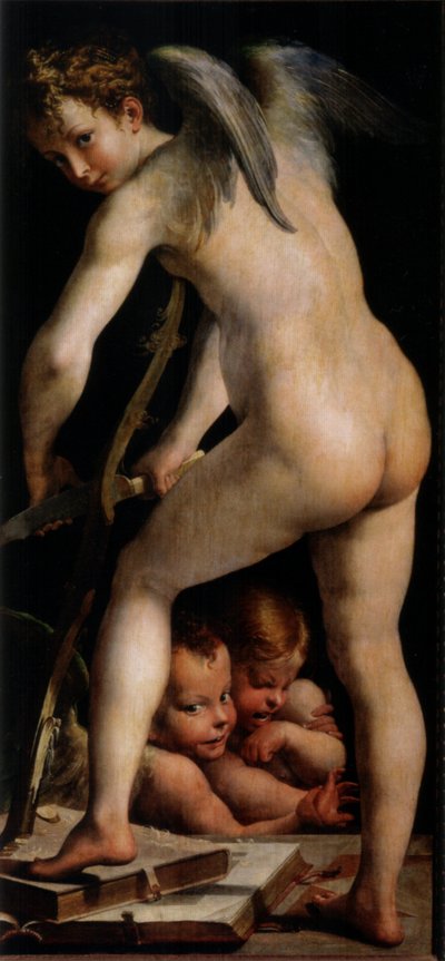 Cupido, der den Bogen schnitzt von Parmigianino